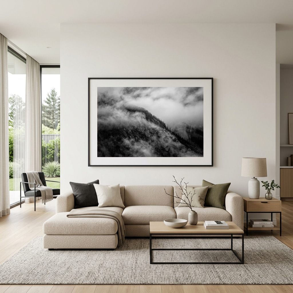 Modern white living room with large B&W mountains in clouds framed print by Dan Sproul — black frame above sofa